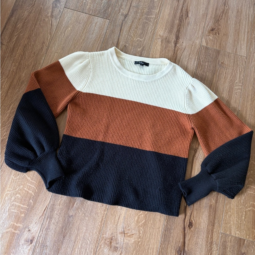 Striped Puff-Sleeve Sweater in Cream, Rust & Black - Lulus